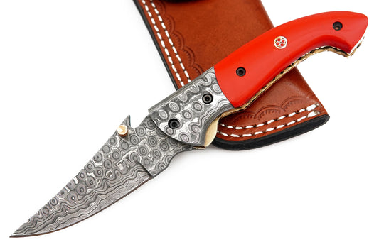 Custom Handmade Damascus Steel Folding Knife - Coloured Bone Handle with Damascus Steel Bolsters.+ Hand Stitched Leather Sheath, Classic Piece of Art