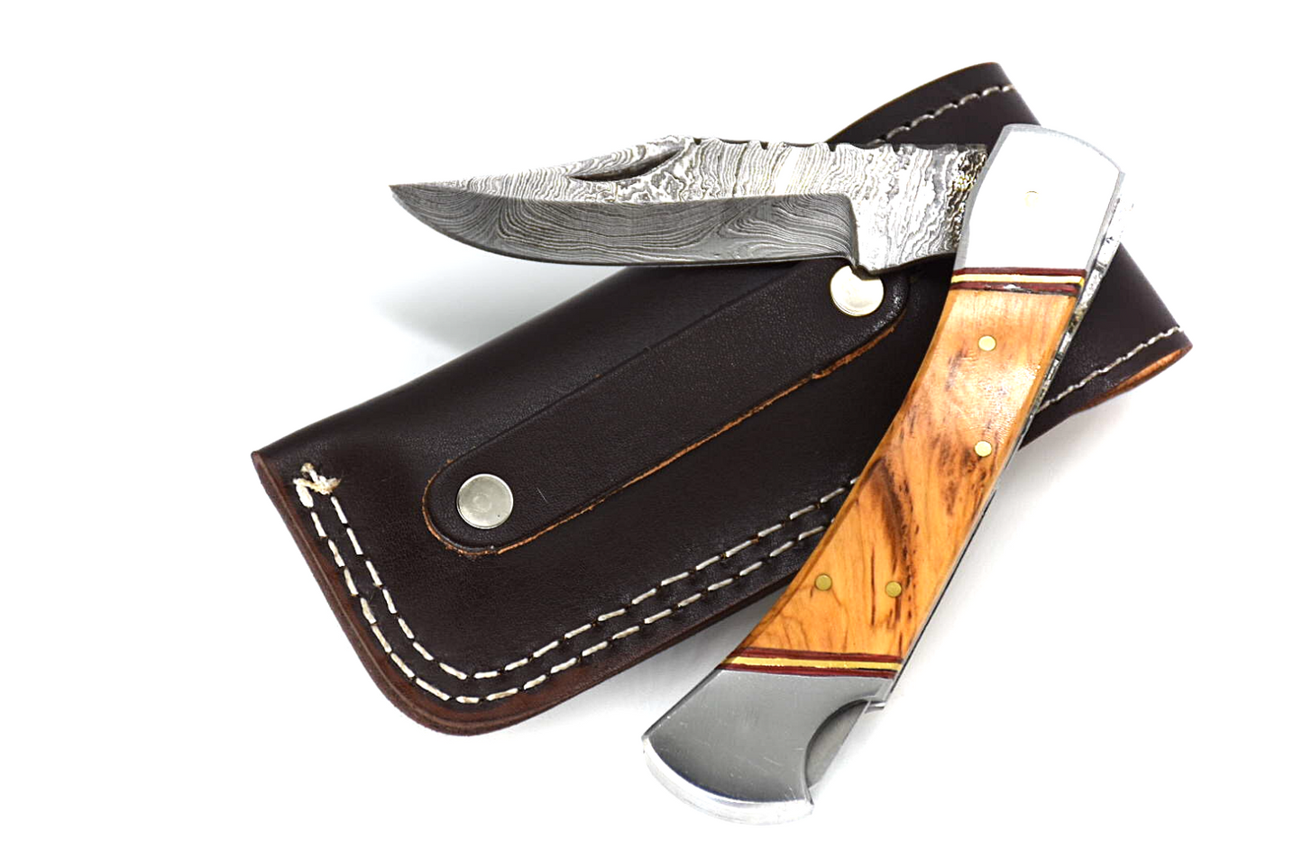 Handmade Wood Damascus Steel Folding Pocket Knife, Hunting Camping W/Sheath