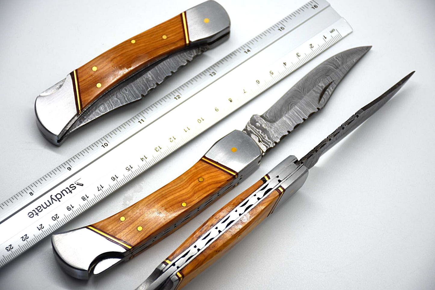 Handmade Wood Damascus Steel Folding Pocket Knife, Hunting Camping W/Sheath