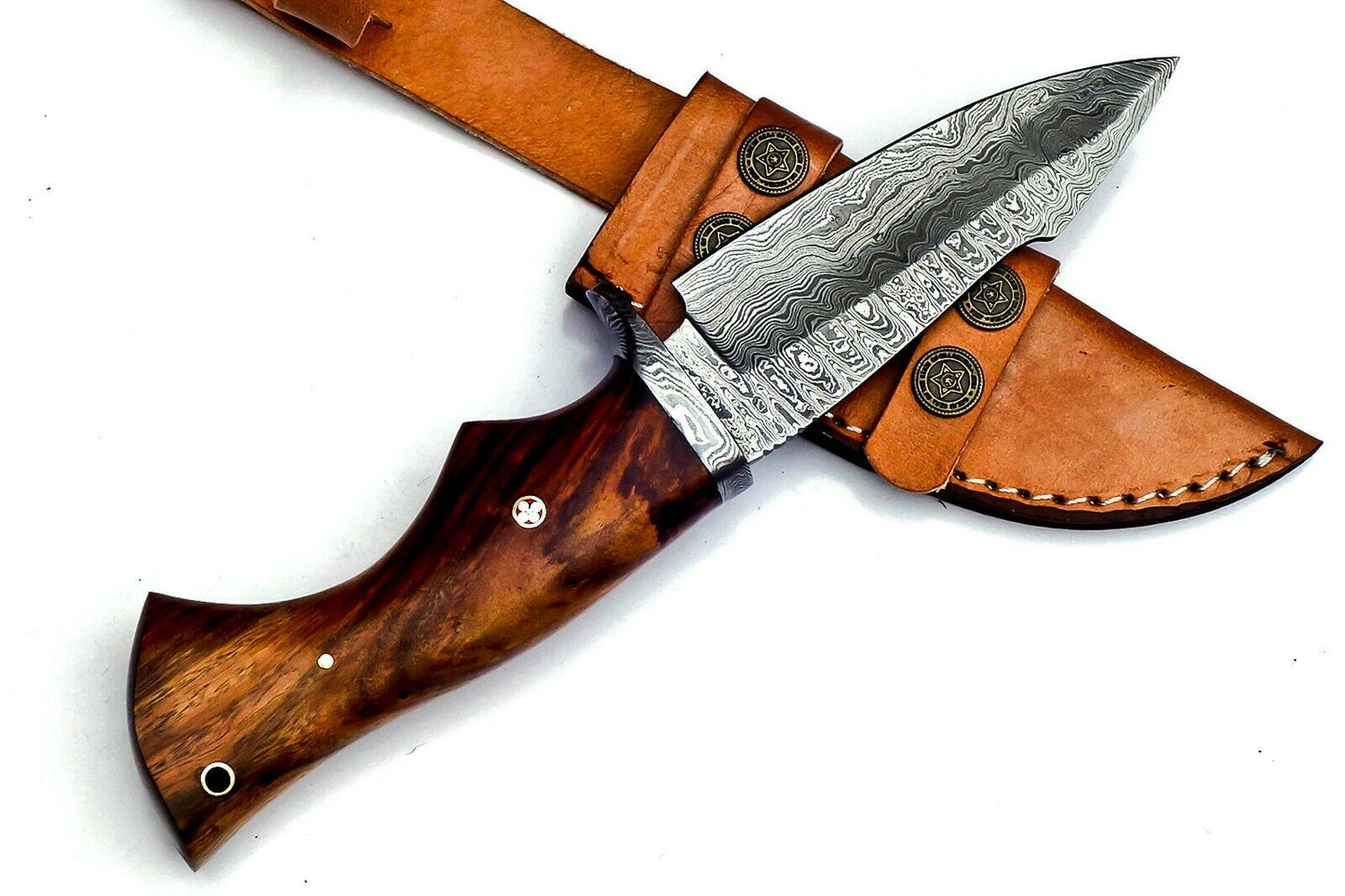 Custom Handmade Damascus Steel EDC Knife, Rosewood Handle, with Leather Sheath 26cm