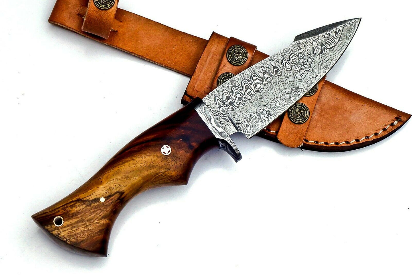 Custom Handmade Damascus Steel EDC Knife, Rosewood Handle, with Leather Sheath 26cm