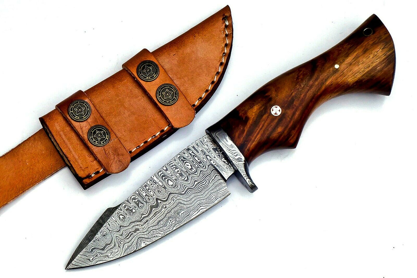 Custom Handmade Damascus Steel EDC Knife, Rosewood Handle, with Leather Sheath 26cm