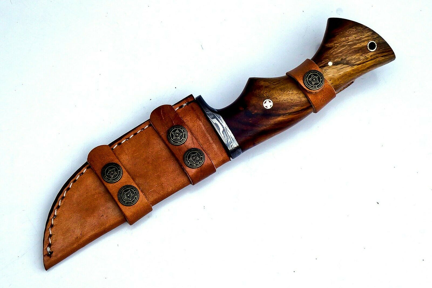 Custom Handmade Damascus Steel EDC Knife, Rosewood Handle, with Leather Sheath 26cm