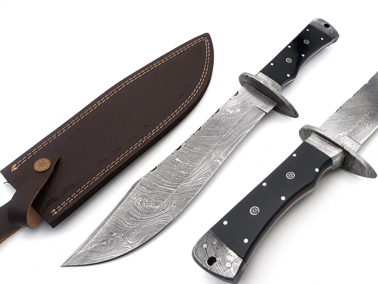 Handmade Damascus Bowie Knife Sharp Blade Full Tang Handle W/ Leather Sheath ,15