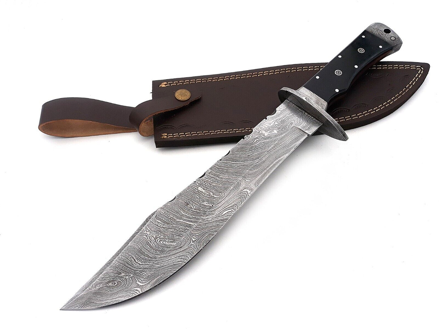 Handmade Damascus Bowie Knife Sharp Blade Full Tang Handle W/ Leather Sheath ,15