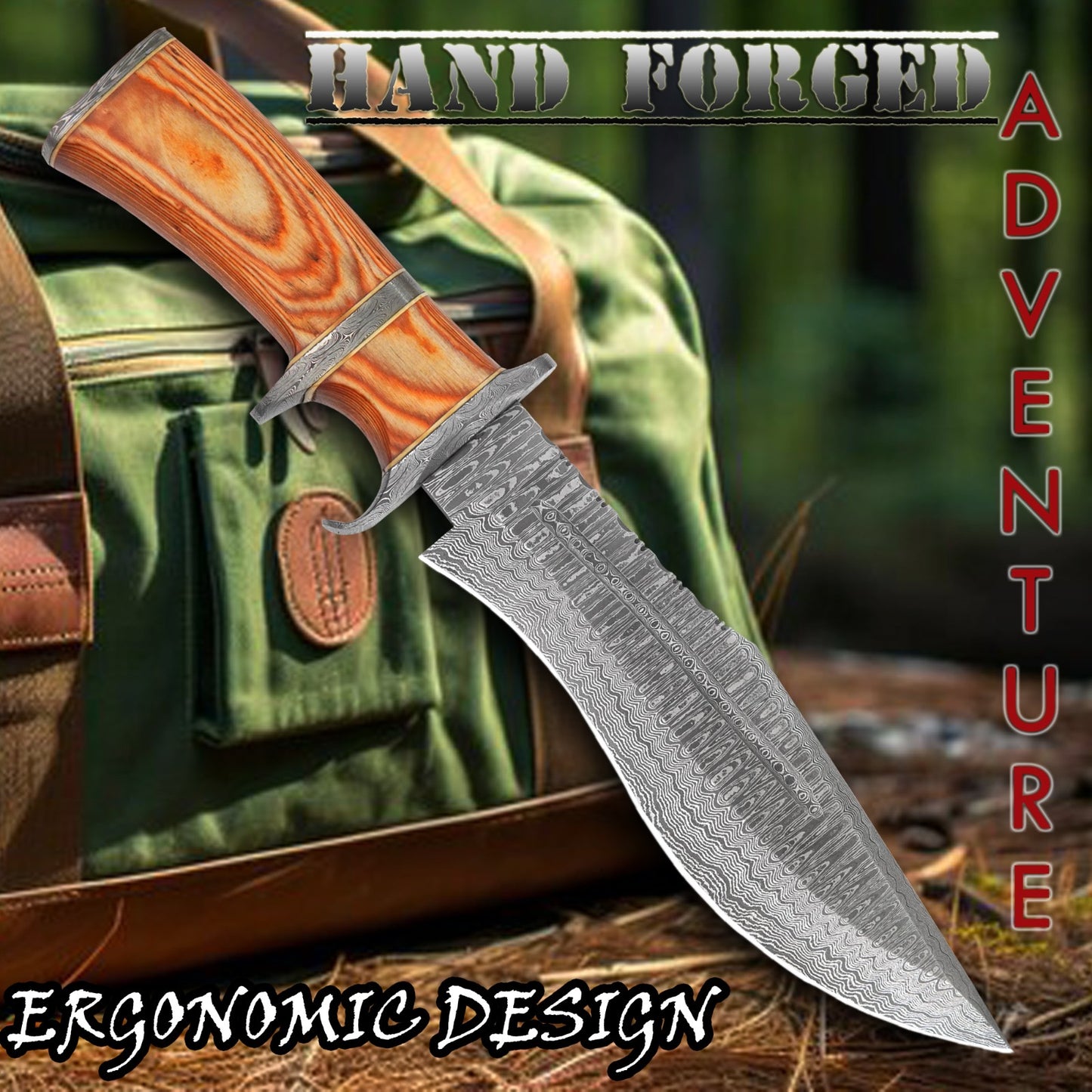 15″ Damascus Bowie Knife with Sheath | Hand Made Hunting Knife - Fixed Blade Long Bowie Knives - Ideal for Survival ,Chopping, Camping, Outdoor Gift for Men |Tactical Knife Brown Wood Handle
