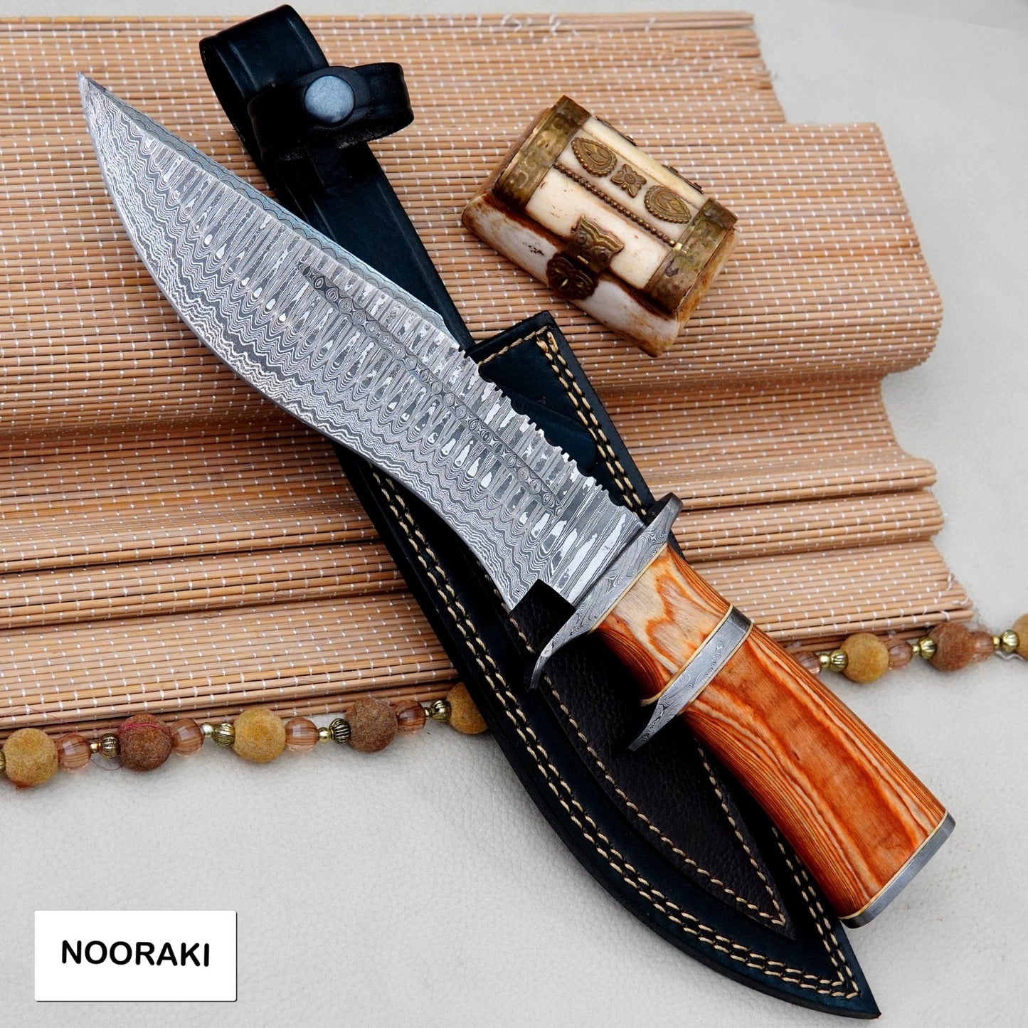 15″ Damascus Bowie Knife with Sheath | Hand Made Hunting Knife - Fixed Blade Long Bowie Knives - Ideal for Survival ,Chopping, Camping, Outdoor Gift for Men |Tactical Knife Brown Wood Handle