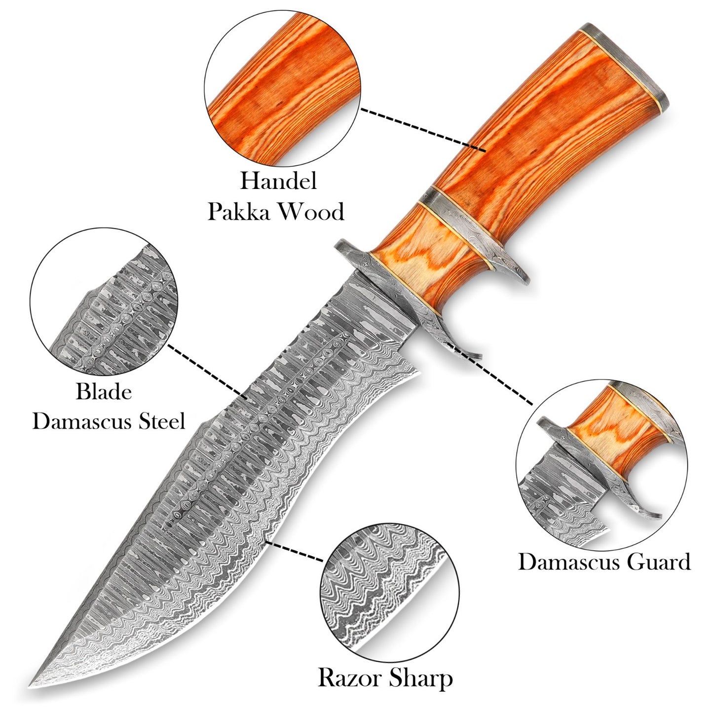 15″ Damascus Bowie Knife with Sheath | Hand Made Hunting Knife - Fixed Blade Long Bowie Knives - Ideal for Survival ,Chopping, Camping, Outdoor Gift for Men |Tactical Knife Brown Wood Handle