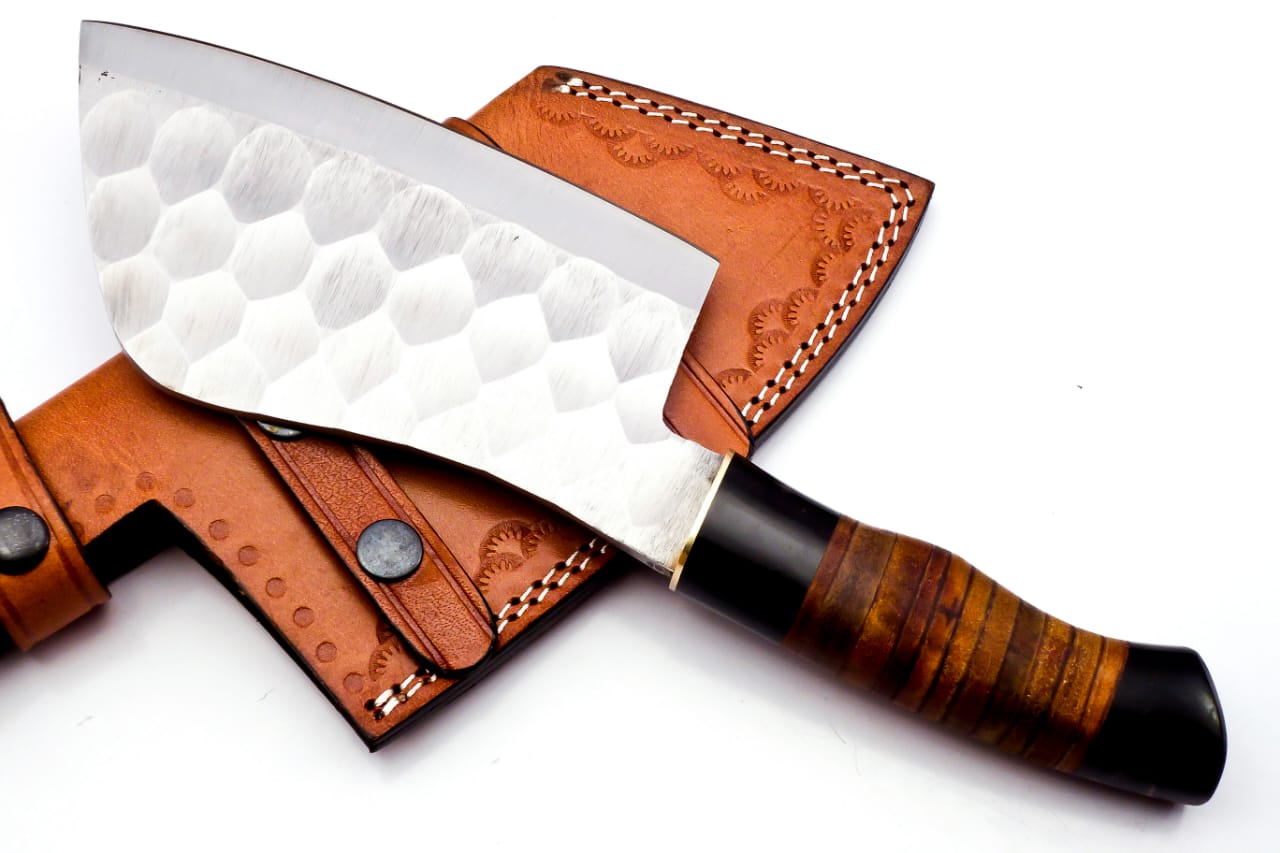 Hand Forged Professional Chef Cleaver - Kitchen Chopper with Leather Sheath | Full Tang, Leather & Horn Handle"