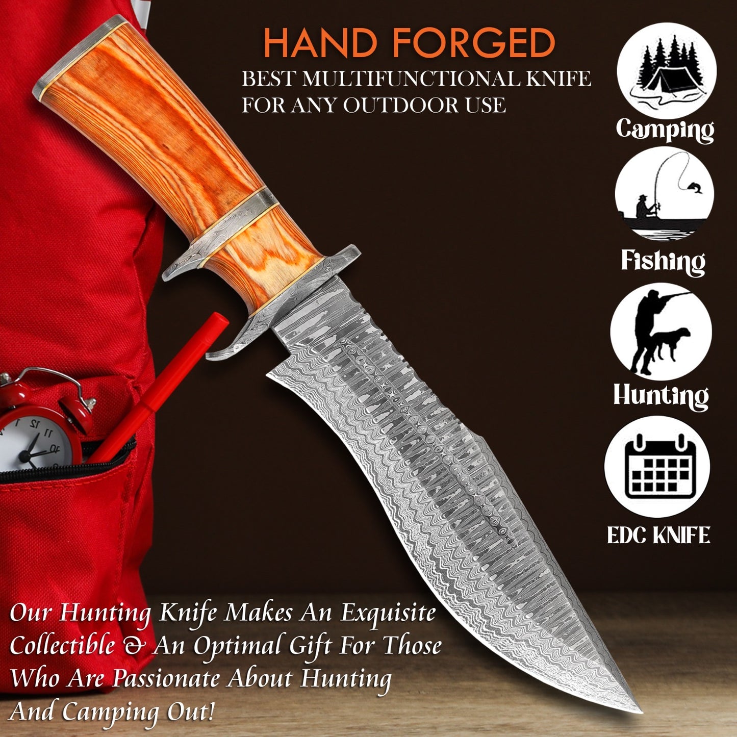 15″ Damascus Bowie Knife with Sheath | Hand Made Hunting Knife - Fixed Blade Long Bowie Knives - Ideal for Survival ,Chopping, Camping, Outdoor Gift for Men |Tactical Knife Brown Wood Handle