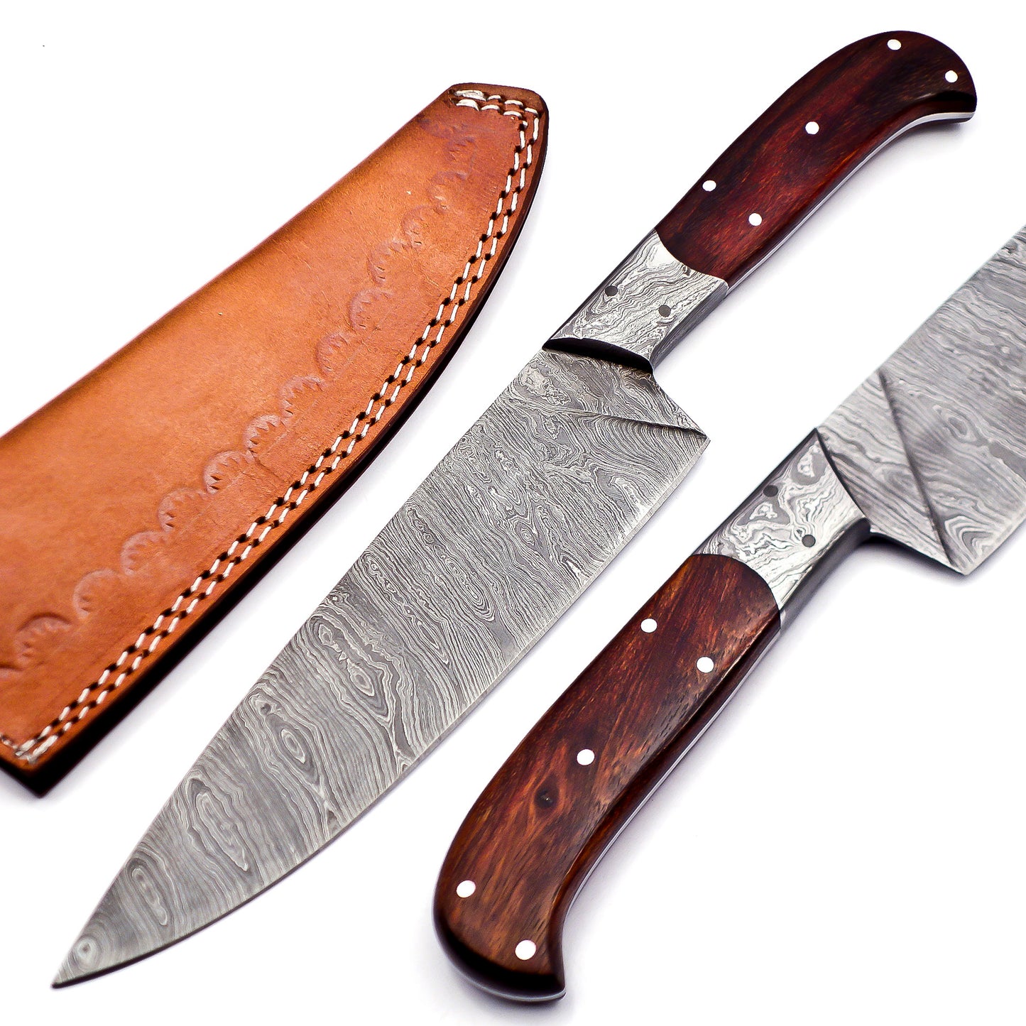 "Premium Rosewood Handle Full Tang Damascus Steel Chef's Knife 12" With Leather Sheath