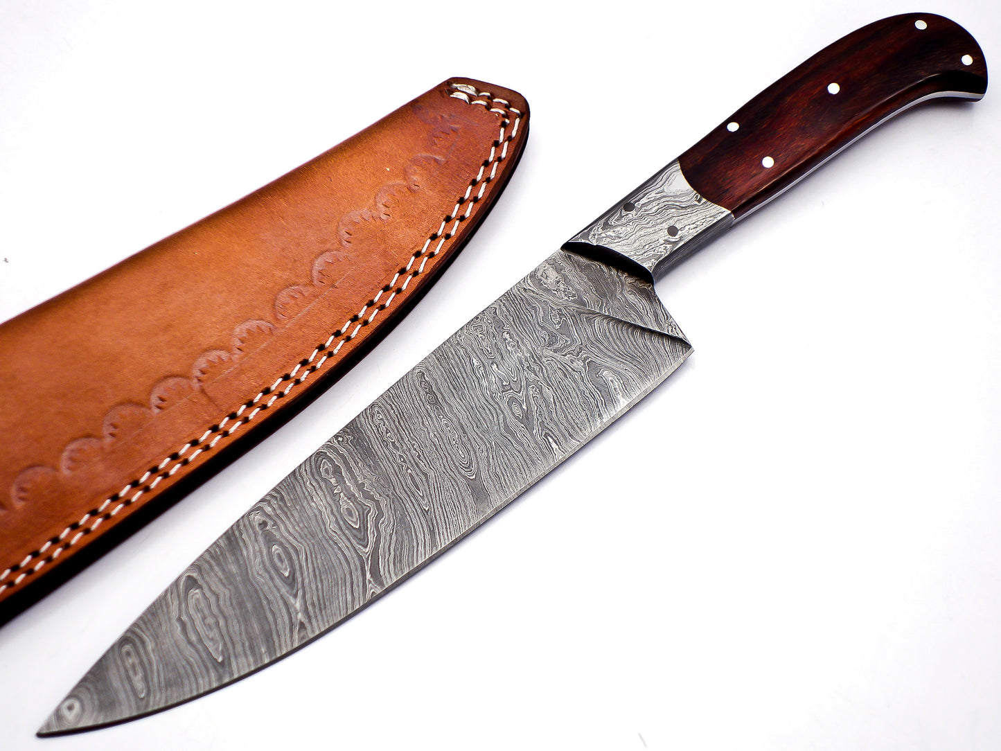 "Premium Rosewood Handle Full Tang Damascus Steel Chef's Knife 12" With Leather Sheath