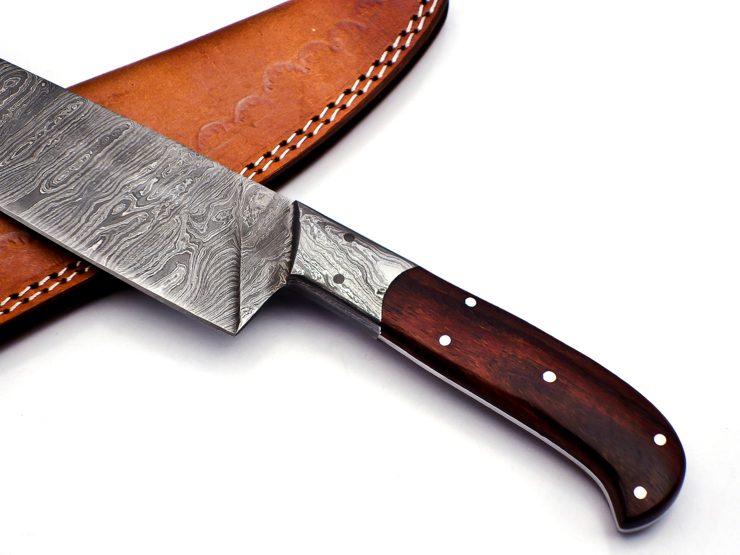 "Premium Rosewood Handle Full Tang Damascus Steel Chef's Knife 12" With Leather Sheath
