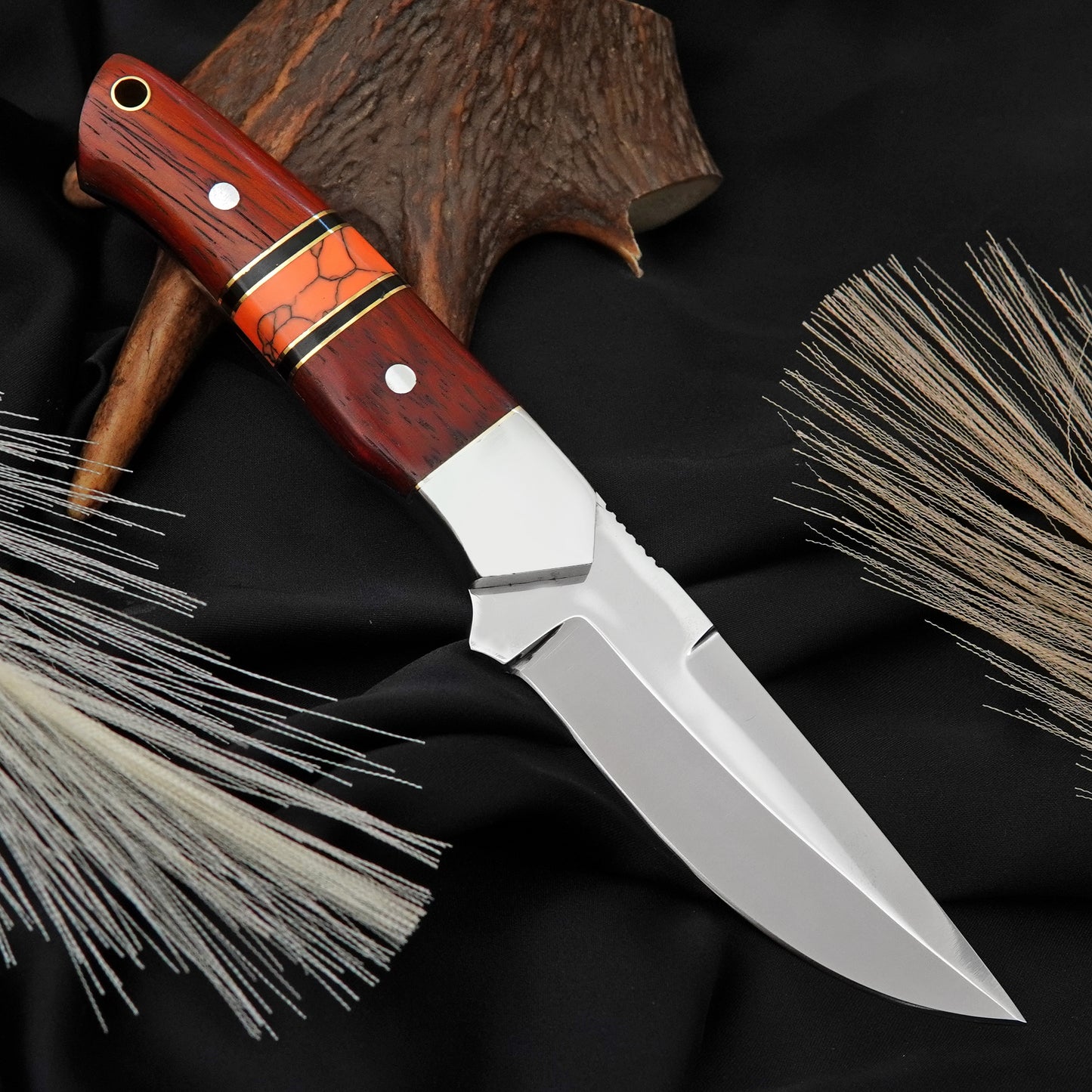 Bushman Blade Handmade Fixed Blade Knife | J2 Steel Hunting Knife with Red Padauk Wood & Orange Gemstone Handle | Leather Sheath Included