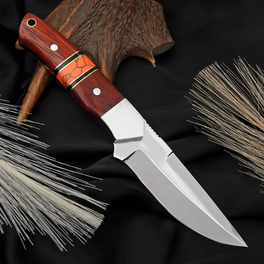 Bushman Blade Handmade Fixed Blade Knife | J2 Steel Hunting Knife with Red Padauk Wood & Orange Gemstone Handle | Leather Sheath Included