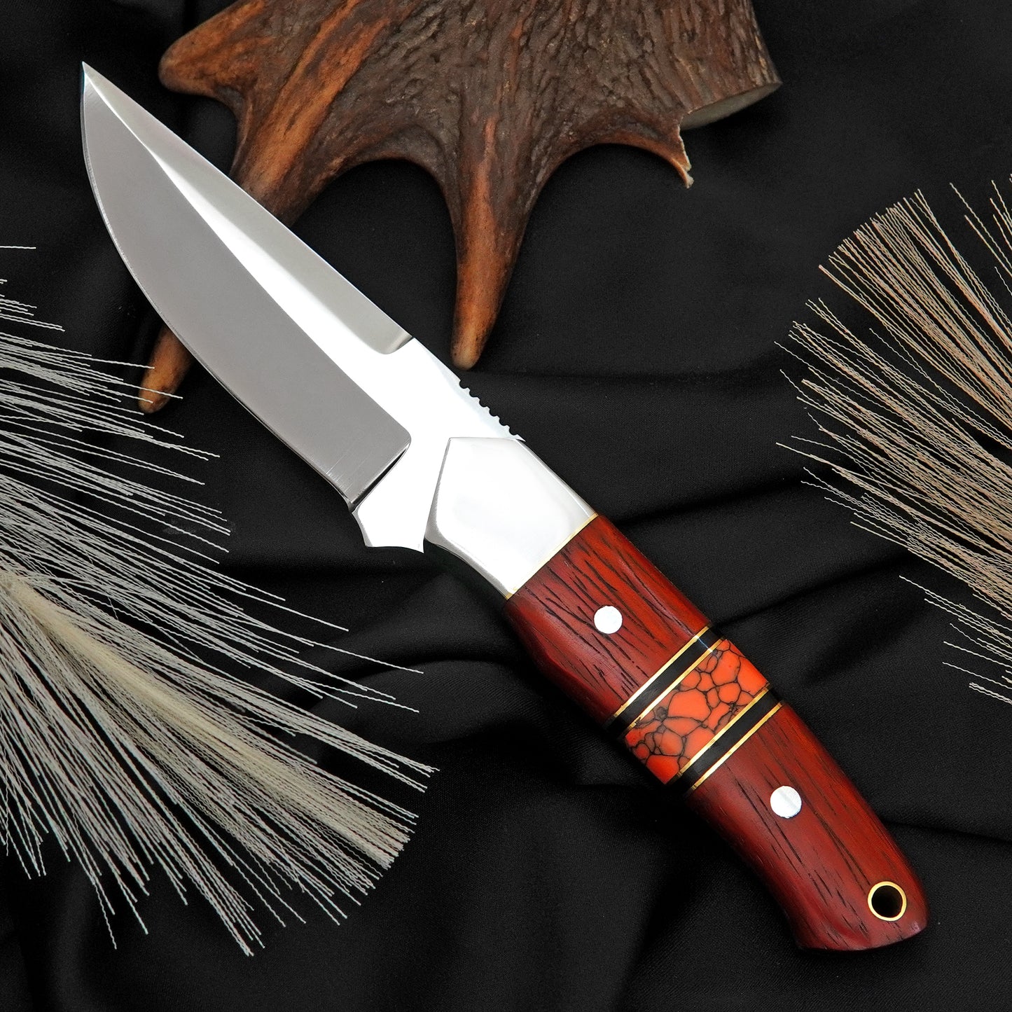 Bushman Blade Handmade Fixed Blade Knife | J2 Steel Hunting Knife with Red Padauk Wood & Orange Gemstone Handle | Leather Sheath Included