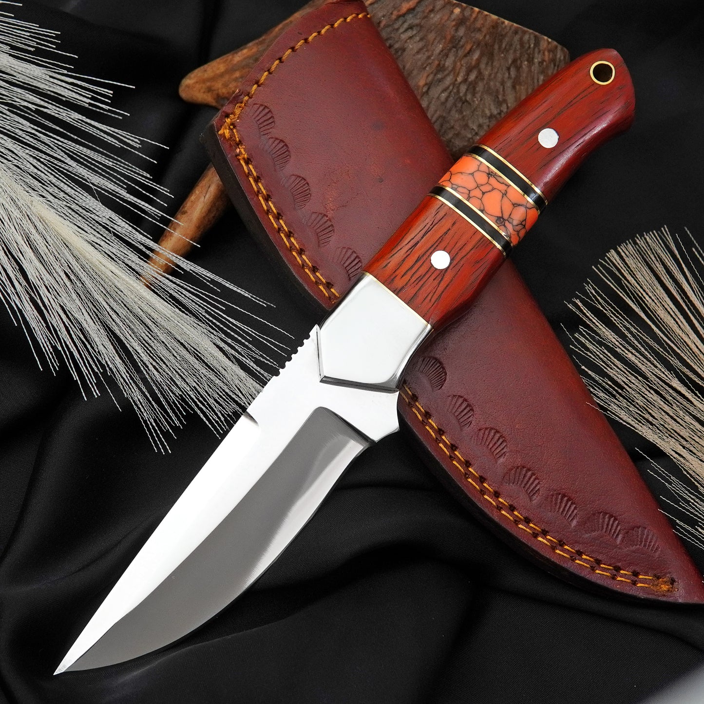 Bushman Blade Handmade Fixed Blade Knife | J2 Steel Hunting Knife with Red Padauk Wood & Orange Gemstone Handle | Leather Sheath Included