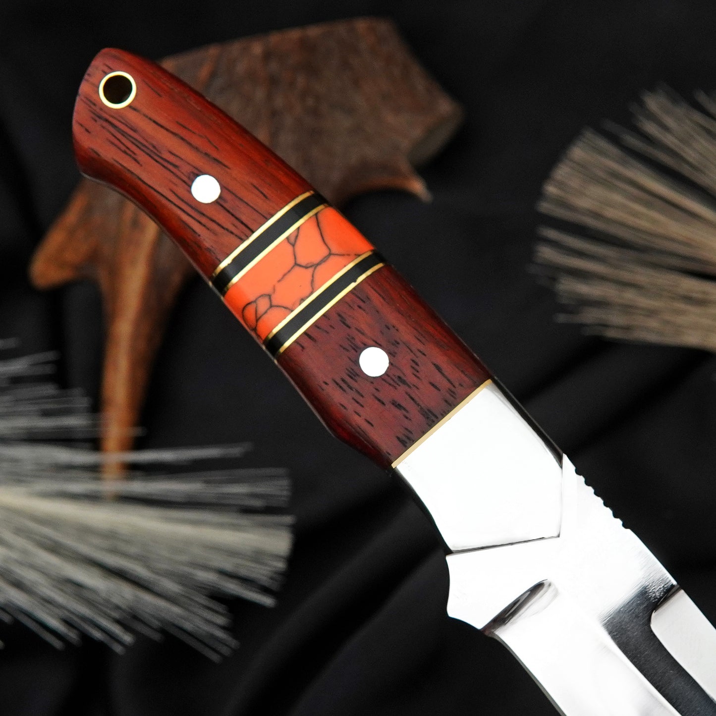 Bushman Blade Handmade Fixed Blade Knife | J2 Steel Hunting Knife with Red Padauk Wood & Orange Gemstone Handle | Leather Sheath Included