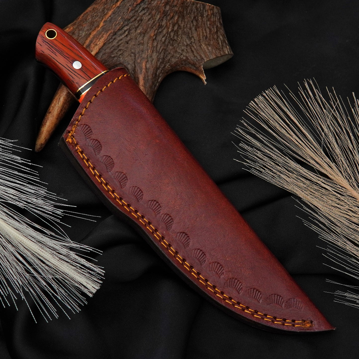 Bushman Blade Handmade Fixed Blade Knife | J2 Steel Hunting Knife with Red Padauk Wood & Orange Gemstone Handle | Leather Sheath Included