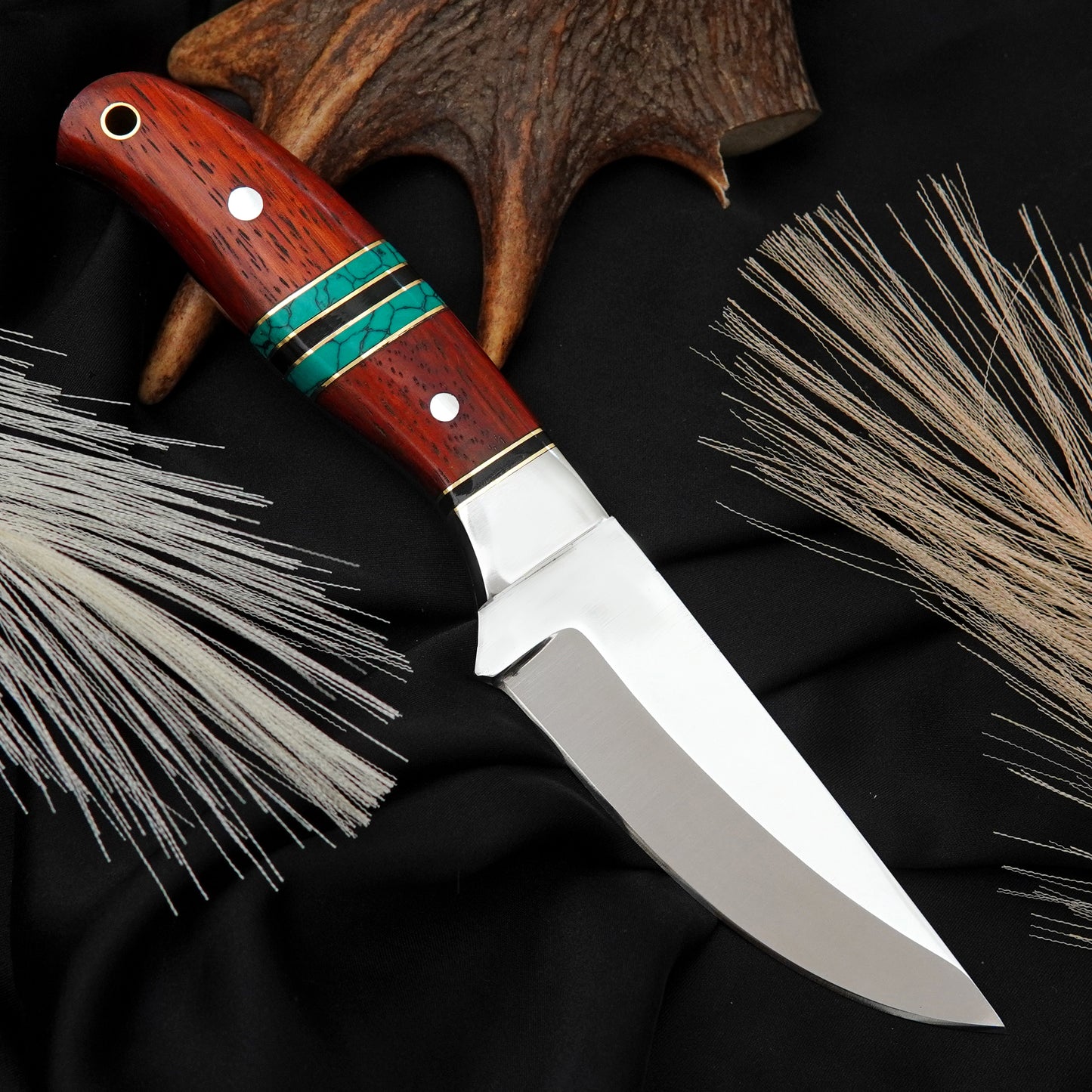 Bushman Blade Handmade Hunting Knife | J2 Steel Fixed Blade Knife with Green Padauk Wood & Green Gemstone Handle | Leather Sheath | Gift for Him/Her