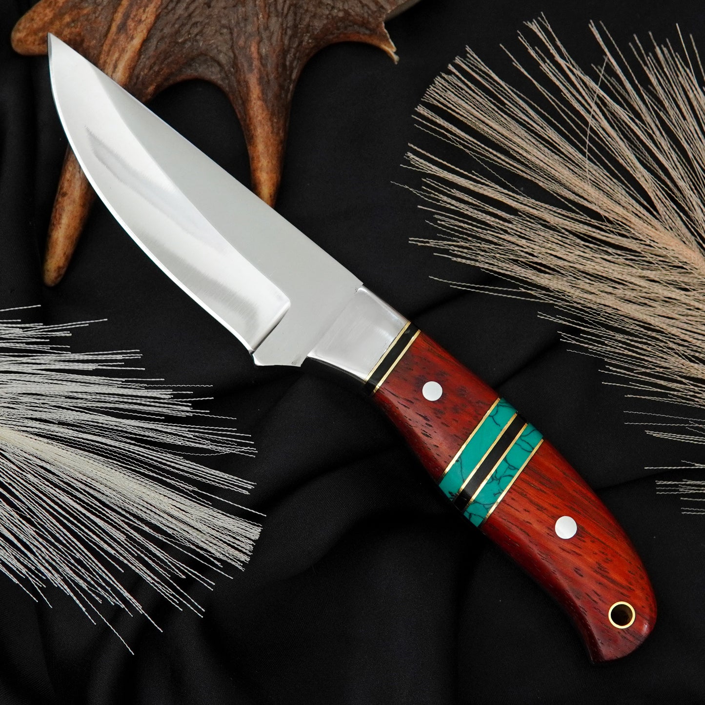 Bushman Blade Handmade Hunting Knife | J2 Steel Fixed Blade Knife with Green Padauk Wood & Green Gemstone Handle | Leather Sheath | Gift for Him/Her
