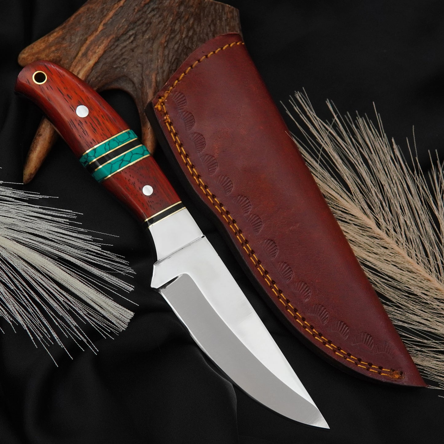 Bushman Blade Handmade Hunting Knife | J2 Steel Fixed Blade Knife with Green Padauk Wood & Green Gemstone Handle | Leather Sheath | Gift for Him/Her