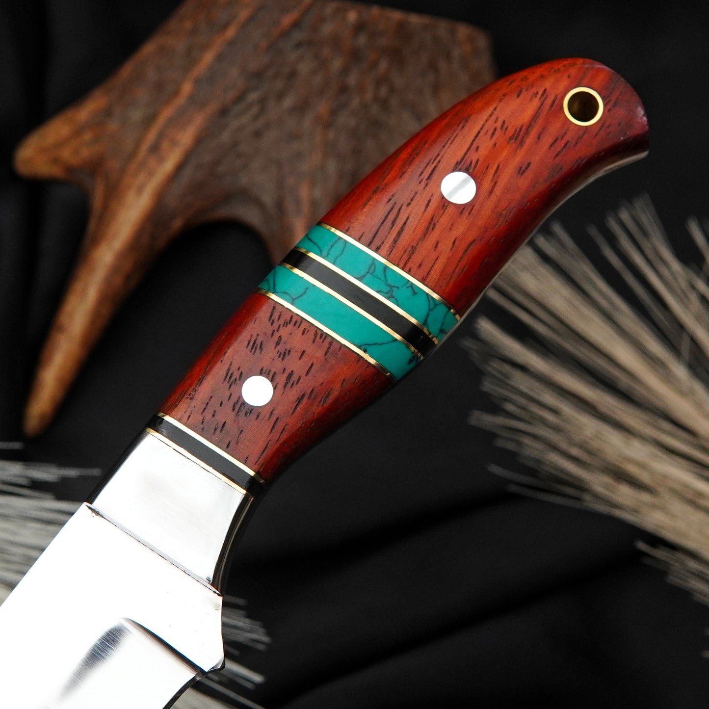 Bushman Blade Handmade Hunting Knife | J2 Steel Fixed Blade Knife with Green Padauk Wood & Green Gemstone Handle | Leather Sheath | Gift for Him/Her