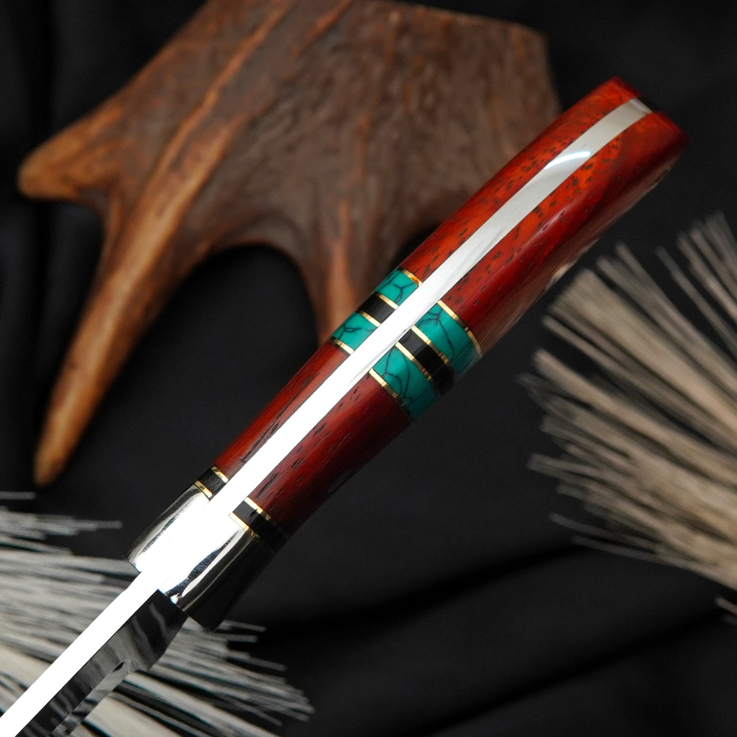 Bushman Blade Handmade Hunting Knife | J2 Steel Fixed Blade Knife with Green Padauk Wood & Green Gemstone Handle | Leather Sheath | Gift for Him/Her