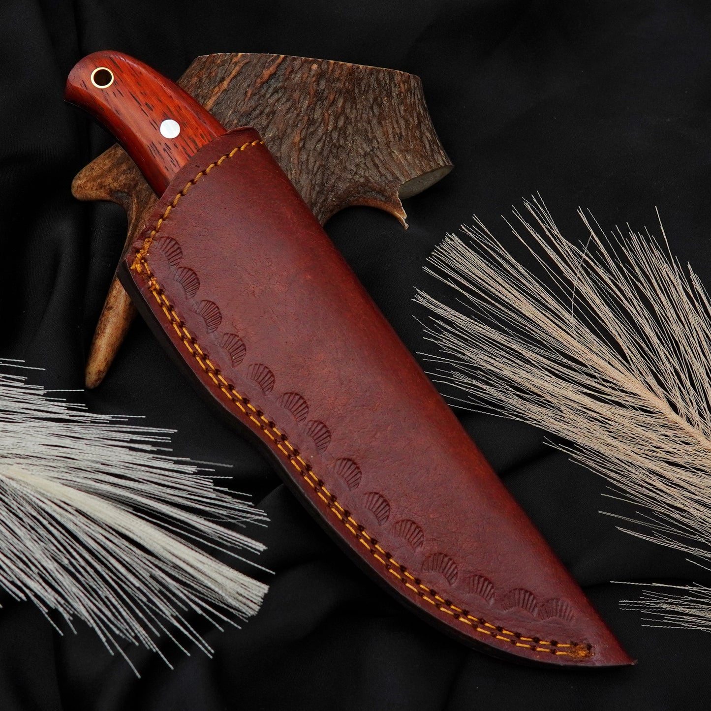 Bushman Blade Handmade Hunting Knife | J2 Steel Fixed Blade Knife with Green Padauk Wood & Green Gemstone Handle | Leather Sheath | Gift for Him/Her