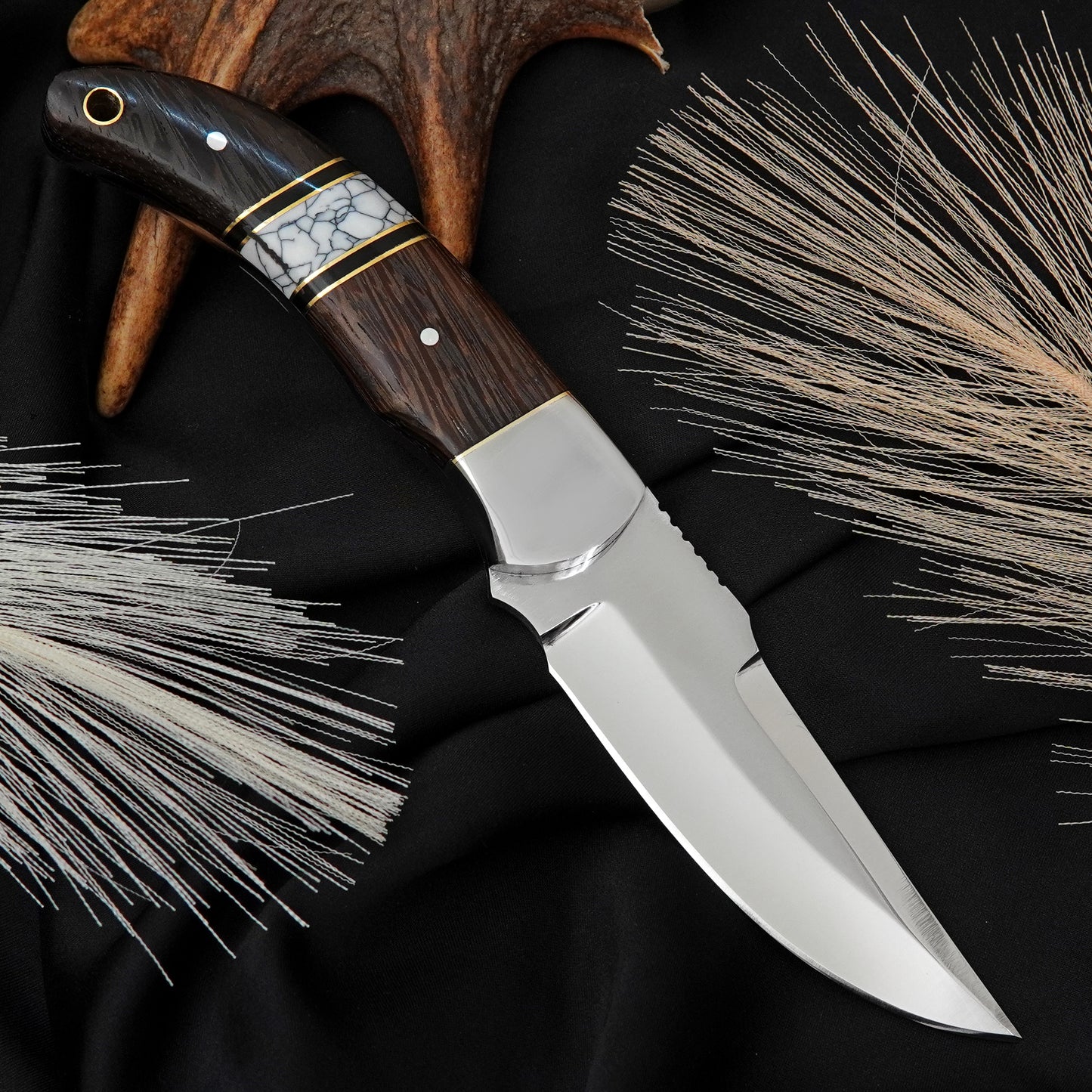 Nooraki Custom Handmade Fixed Blade Knife White Gemstone Full Tang Handle With Leather