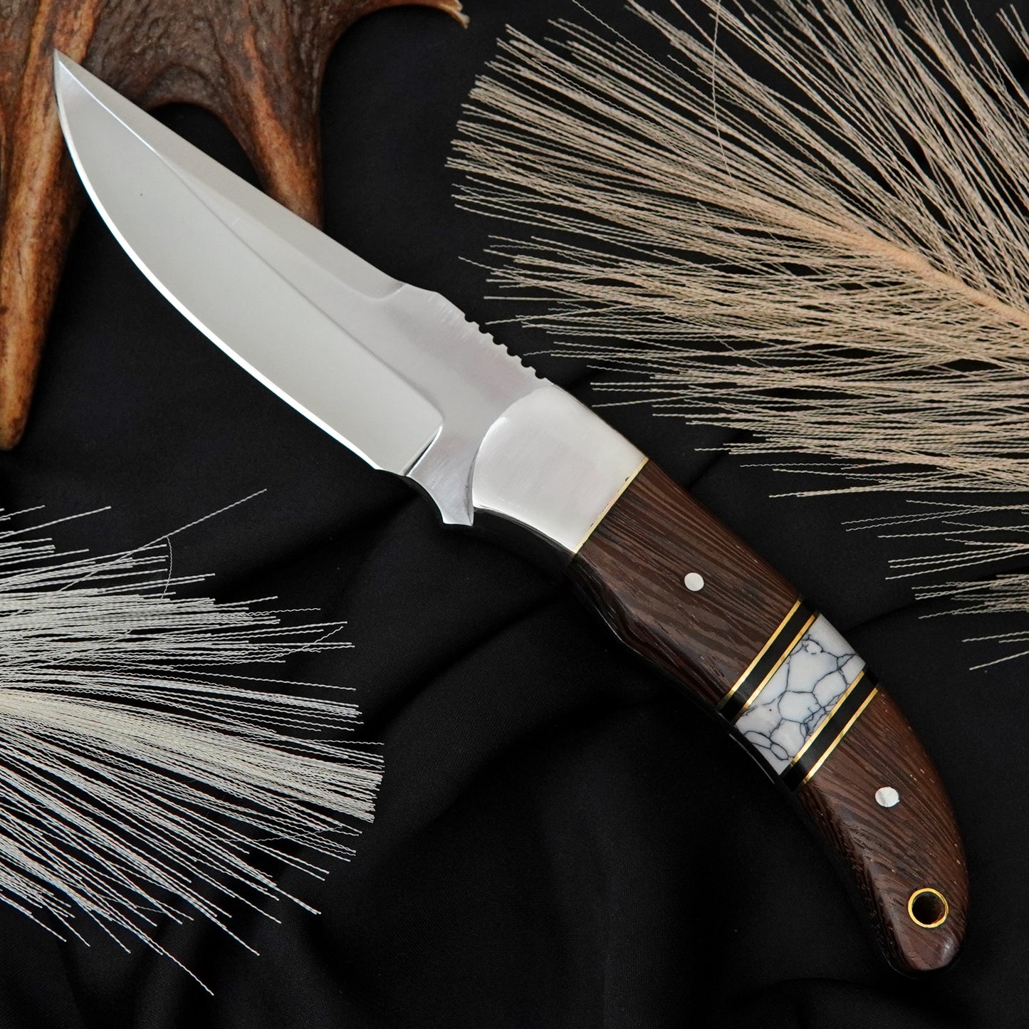 Nooraki Custom Handmade Fixed Blade Knife White Gemstone Full Tang Handle With Leather