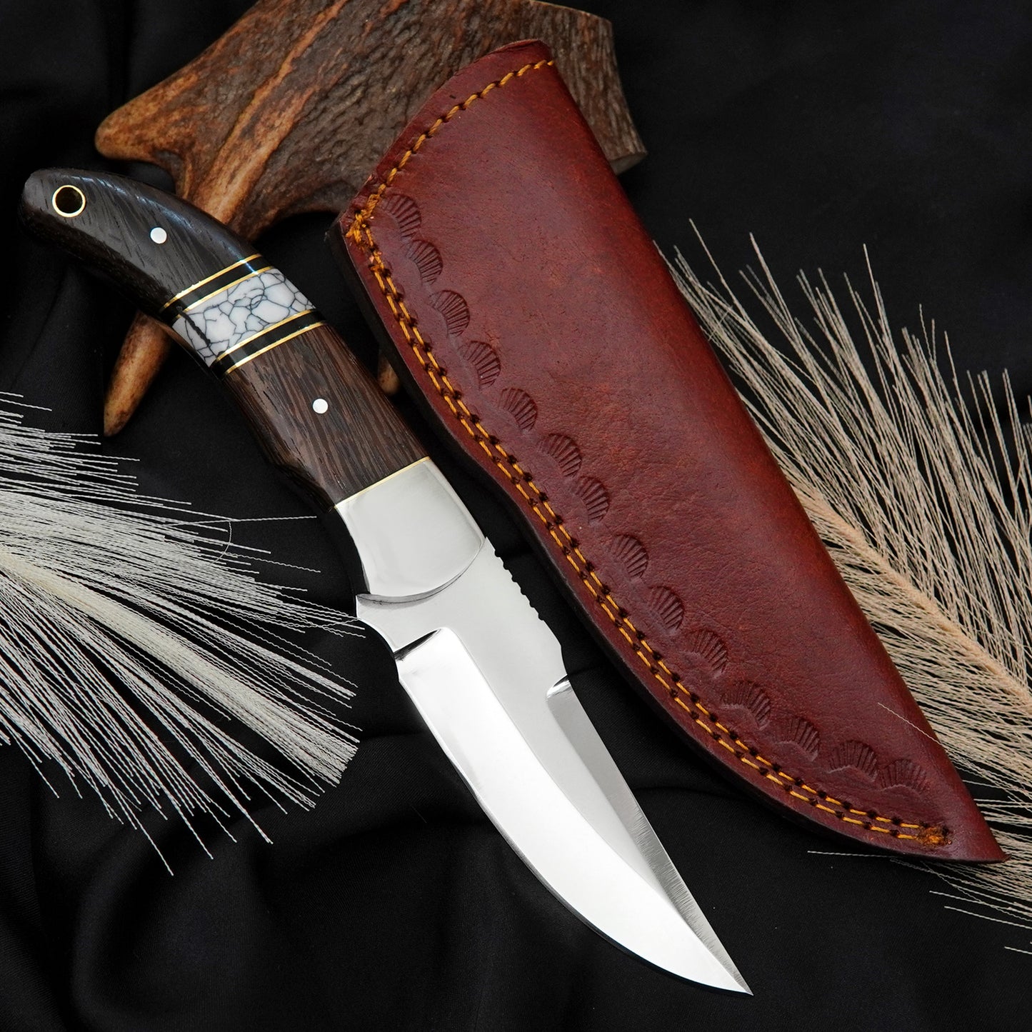 Nooraki Custom Handmade Fixed Blade Knife White Gemstone Full Tang Handle With Leather