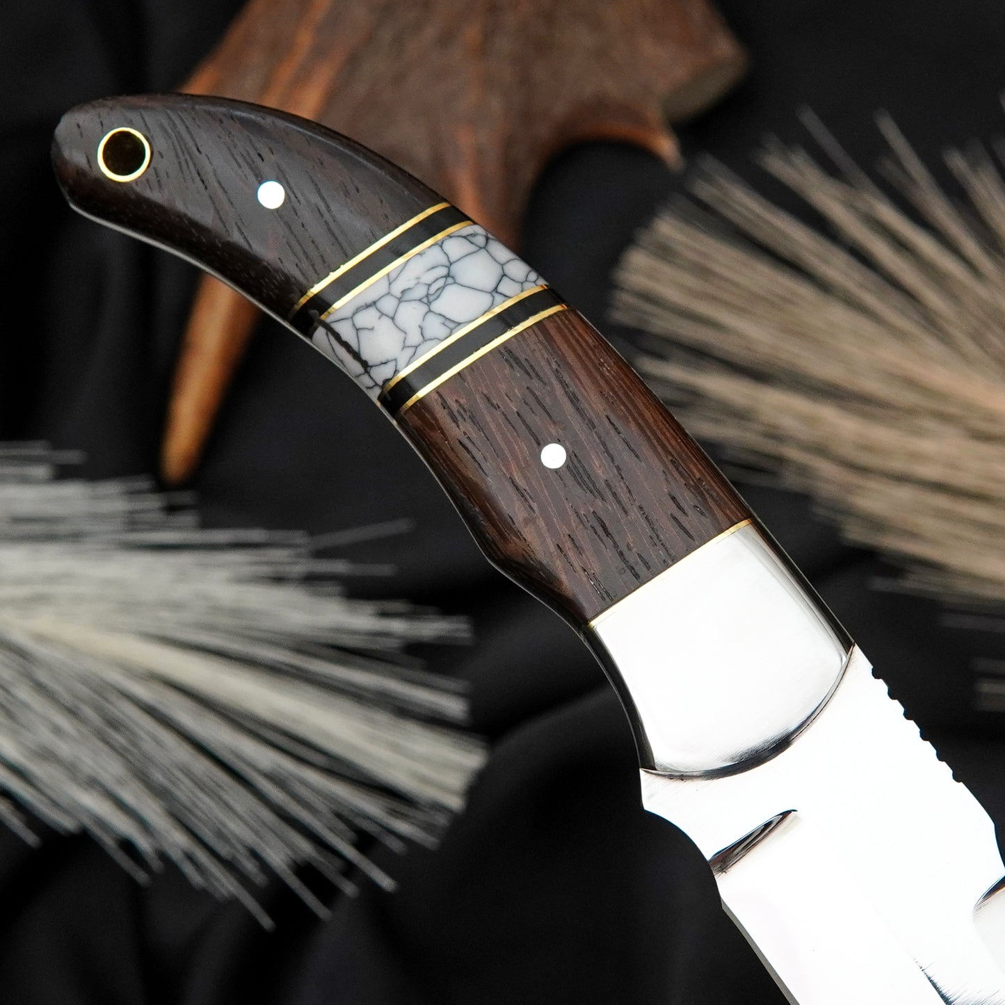 Nooraki Custom Handmade Fixed Blade Knife White Gemstone Full Tang Handle With Leather