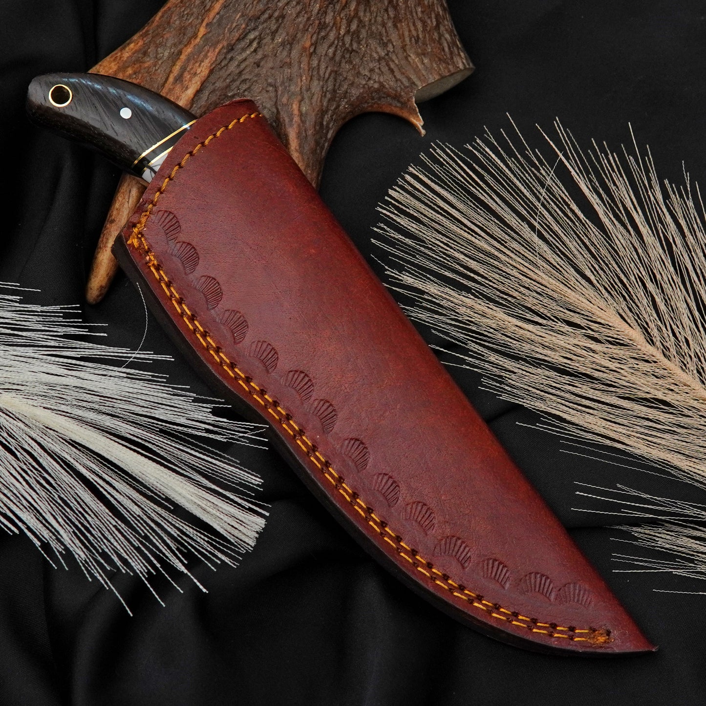 Nooraki Custom Handmade Fixed Blade Knife White Gemstone Full Tang Handle With Leather