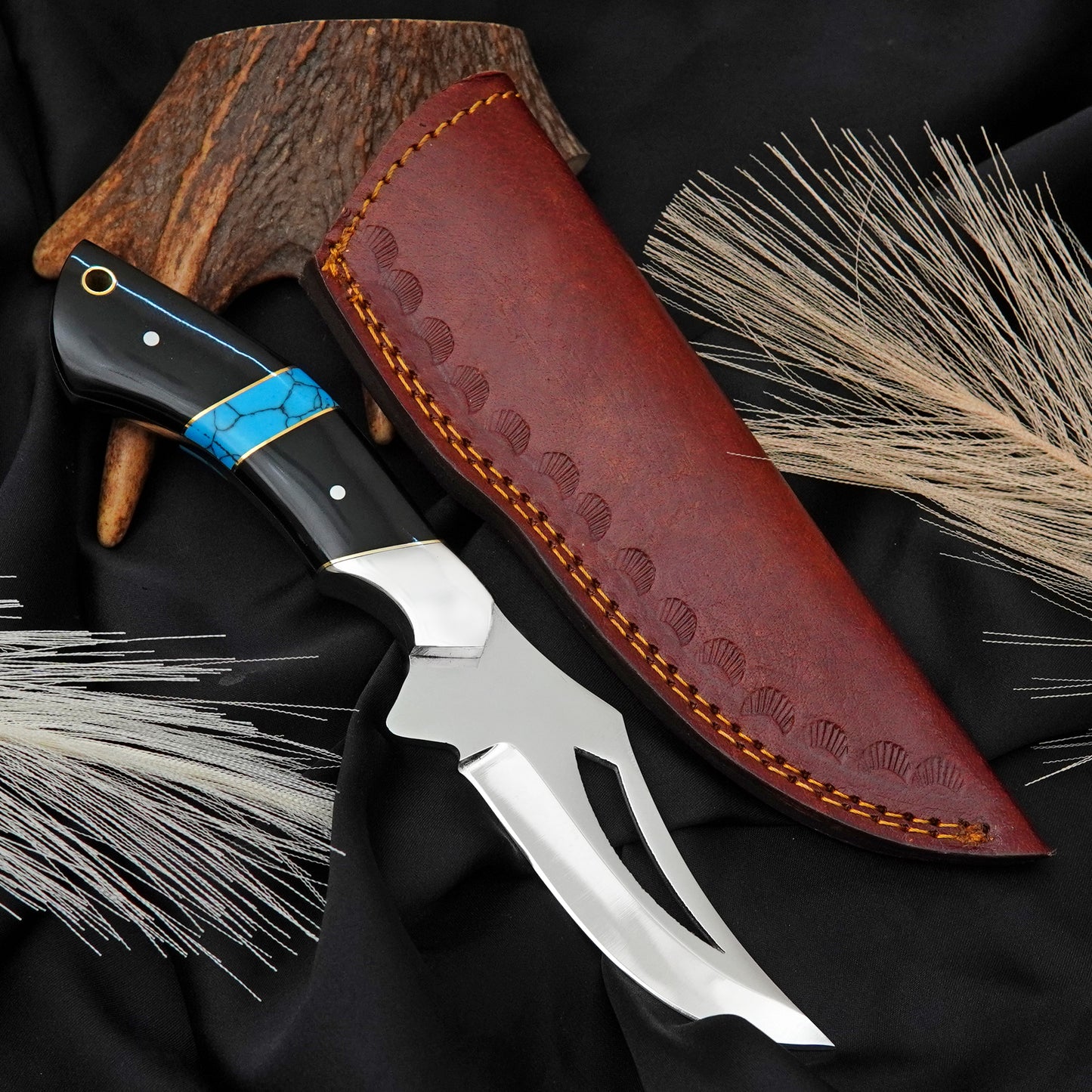 Nooraki Custom Handmade J2 Steel Knife Full Tang Gemstone Handle with leather sheath