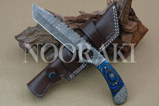 Handmade Damascus Steel Full Tang Hunting Knife - Sharp EDC Tool with Sheath, 9 Inches - Premium Craftsmanship for Outdoor Enthusiasts Blue Unique Colour
