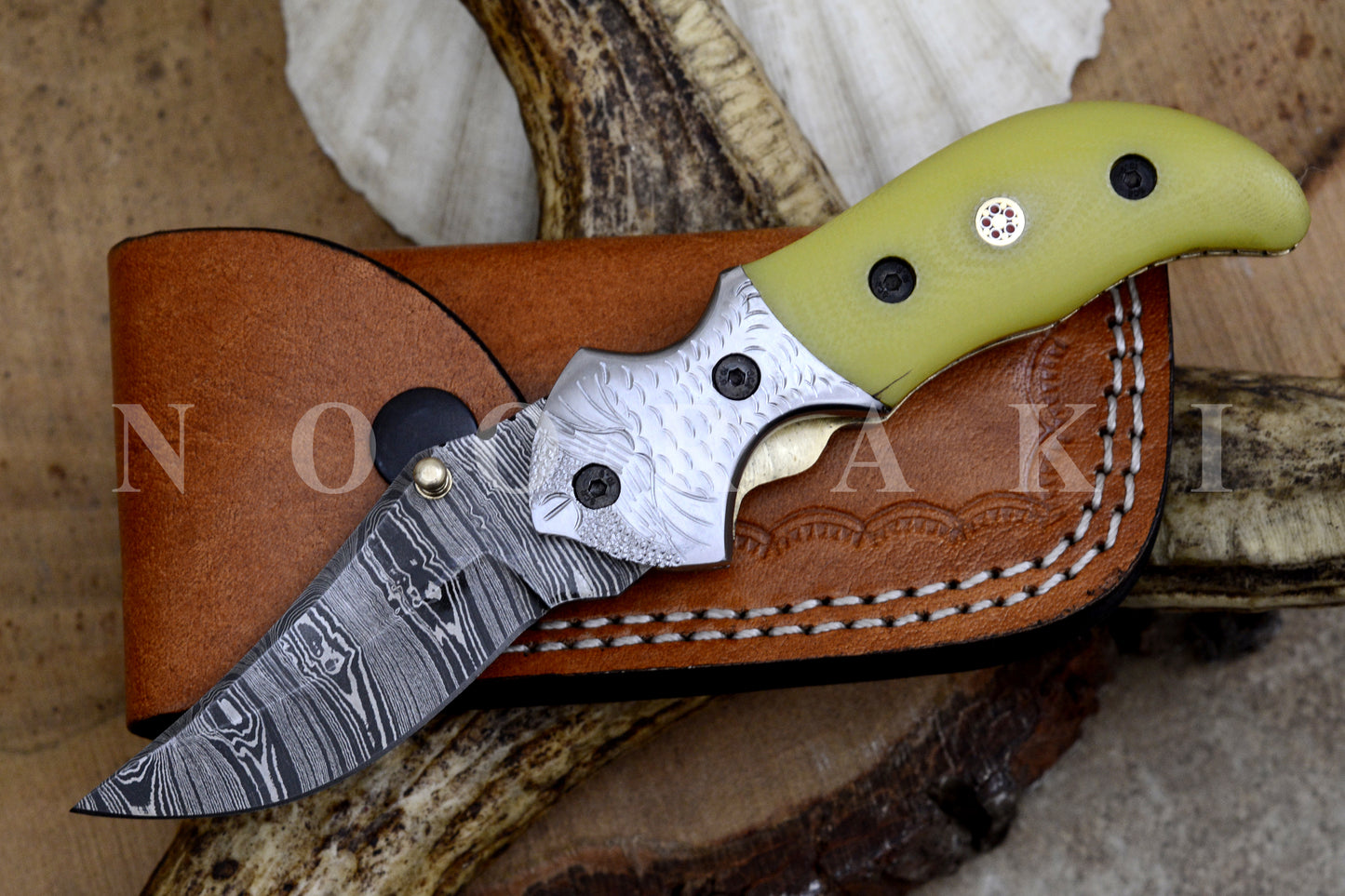 Handmade Damascus Steel EDC Pocket Folding Knife with Stunning Blade Pattern and exotic Camel Bone Handle