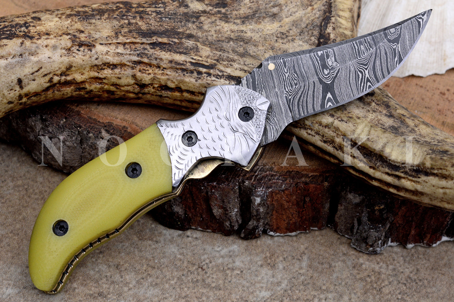 Handmade Damascus Steel EDC Pocket Folding Knife with Stunning Blade Pattern and exotic Camel Bone Handle