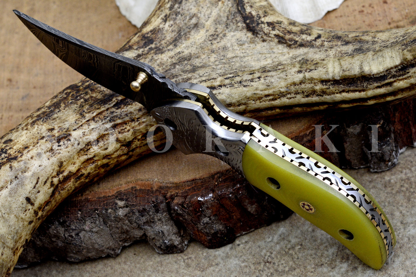 Handmade Damascus Steel EDC Pocket Folding Knife with Stunning Blade Pattern and exotic Camel Bone Handle