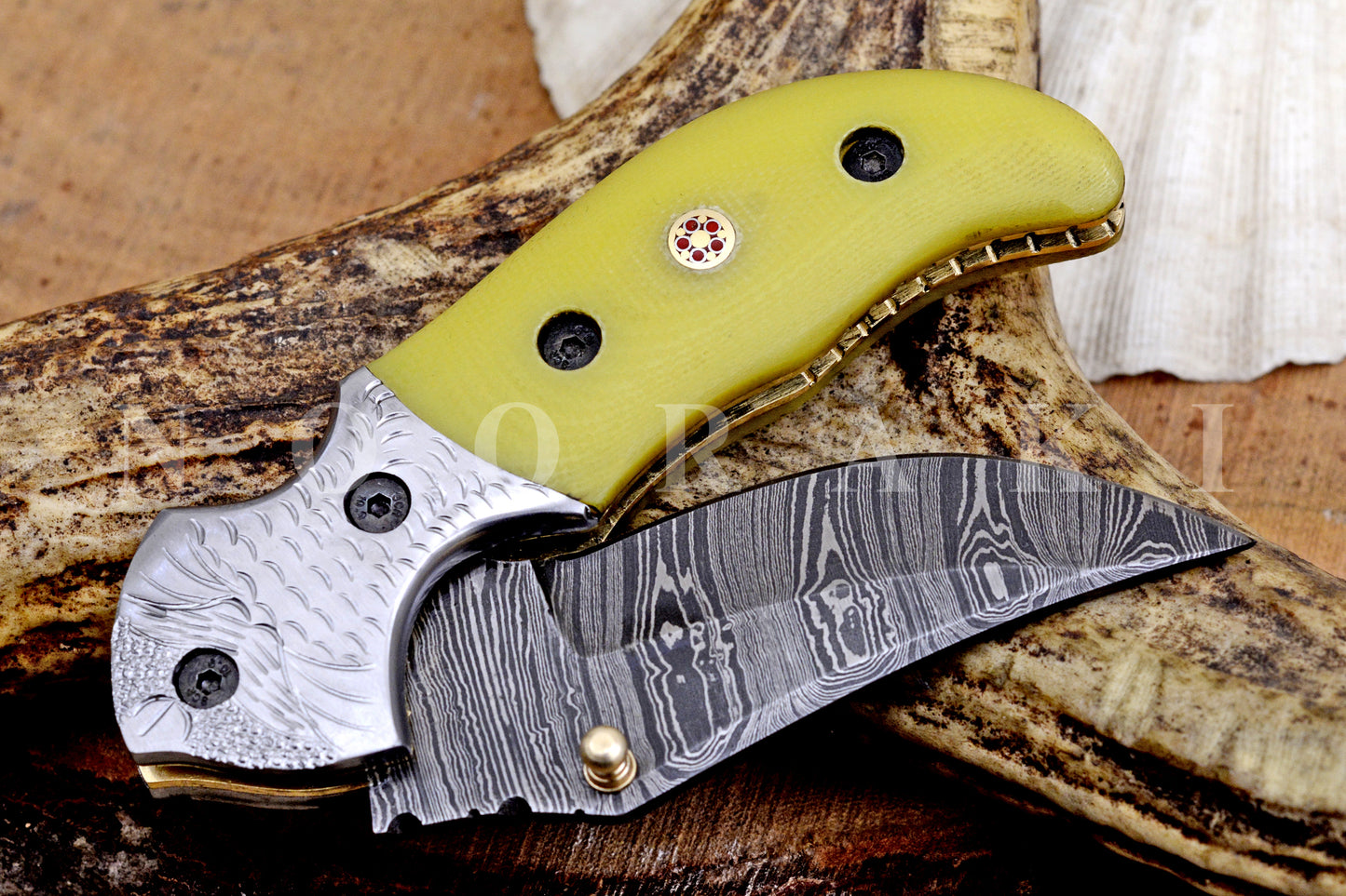 Handmade Damascus Steel EDC Pocket Folding Knife with Stunning Blade Pattern and exotic Camel Bone Handle