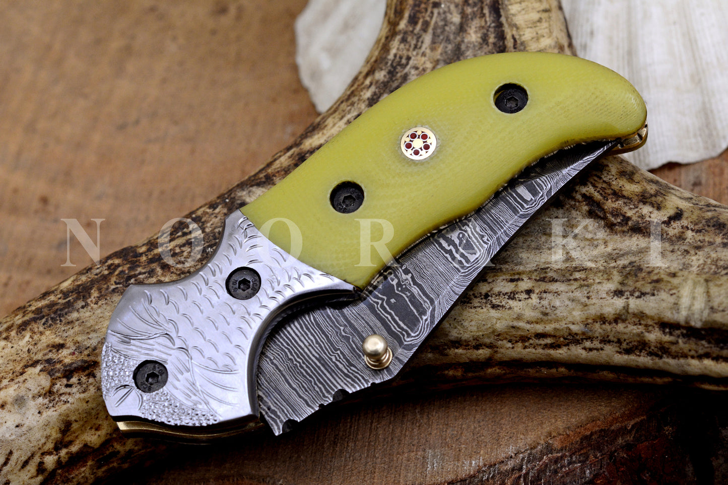 Handmade Damascus Steel EDC Pocket Folding Knife with Stunning Blade Pattern and exotic Camel Bone Handle