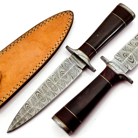 Artisan Crafted Damascus Steel Dagger with Exquisite Buffalo Horn and Rosewood Handle - Includes Leather Sheath for Versatile Outdoor Use in Hunting, Hiking, Camping, and Survival Scenarios