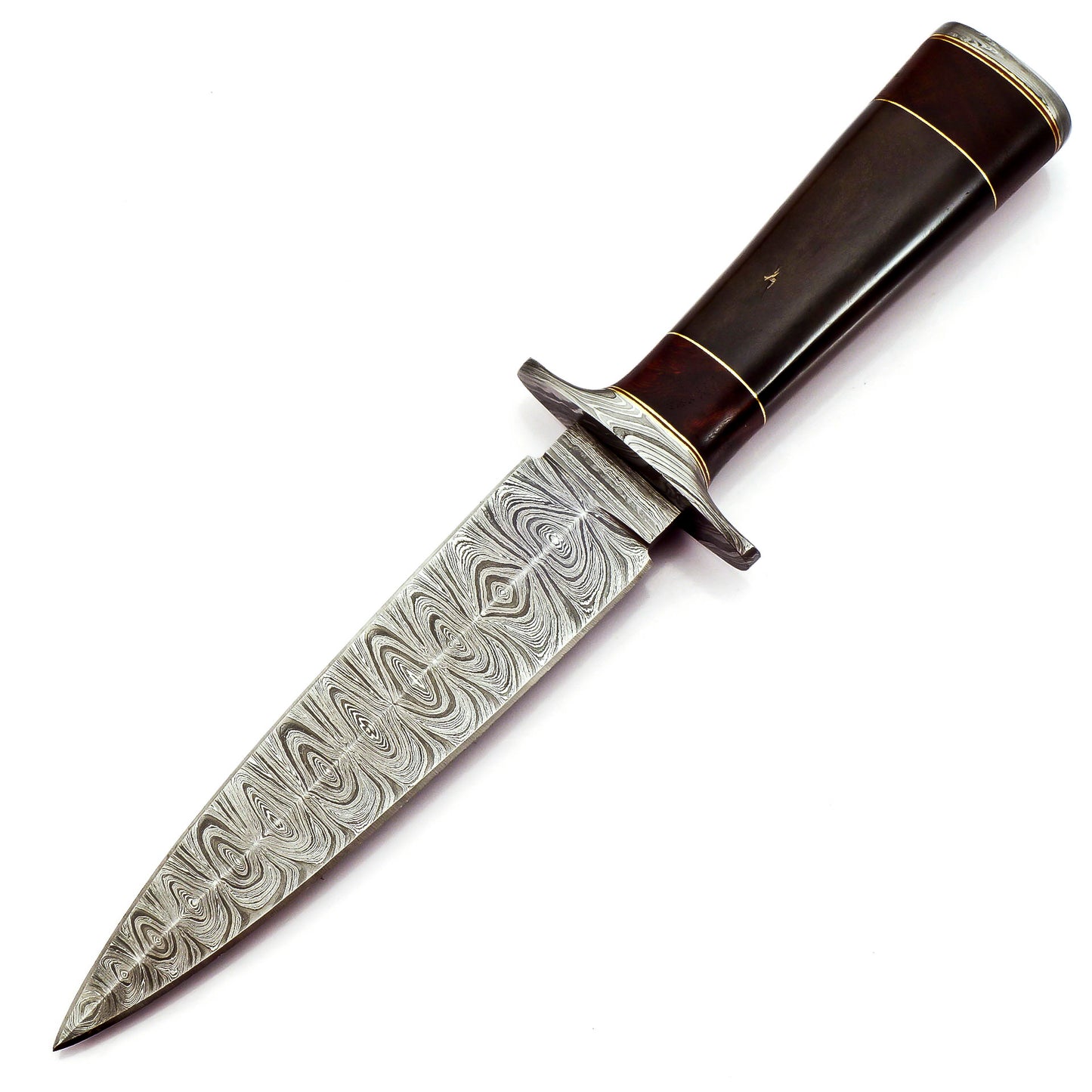 Artisan Crafted Damascus Steel Dagger with Exquisite Buffalo Horn and Rosewood Handle - Includes Leather Sheath for Versatile Outdoor Use in Hunting, Hiking, Camping, and Survival Scenarios