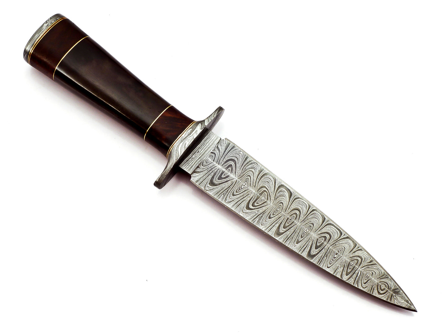 Artisan Crafted Damascus Steel Dagger with Exquisite Buffalo Horn and Rosewood Handle - Includes Leather Sheath for Versatile Outdoor Use in Hunting, Hiking, Camping, and Survival Scenarios