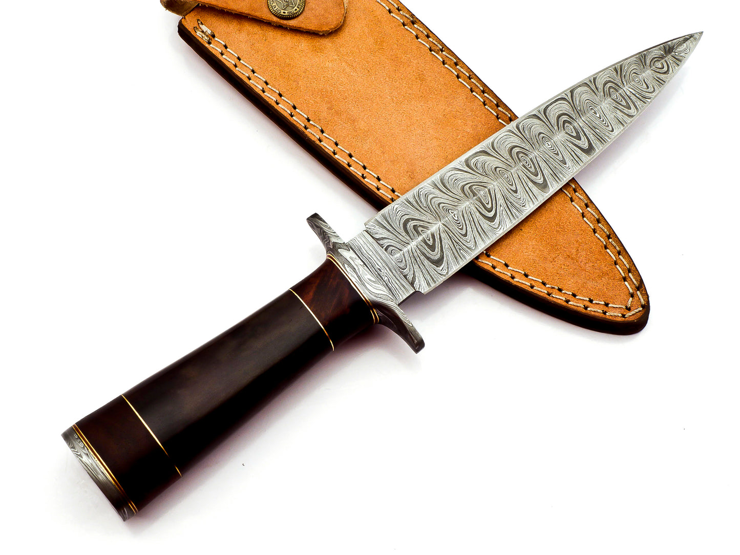 Artisan Crafted Damascus Steel Dagger with Exquisite Buffalo Horn and Rosewood Handle - Includes Leather Sheath for Versatile Outdoor Use in Hunting, Hiking, Camping, and Survival Scenarios