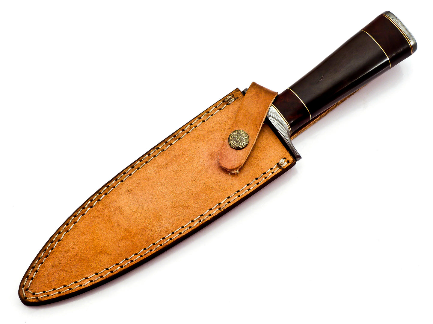 Artisan Crafted Damascus Steel Dagger with Exquisite Buffalo Horn and Rosewood Handle - Includes Leather Sheath for Versatile Outdoor Use in Hunting, Hiking, Camping, and Survival Scenarios