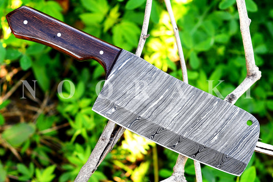 "Premium Handmade Damascus Chef Cleaver - 224 Layers, Full Tang, Walnut Wood Handle | Perfect for Chefs, Home Cooks, and BBQ Enthusiasts - Ideal for Meat Cutting | Includes Leather Sheath"