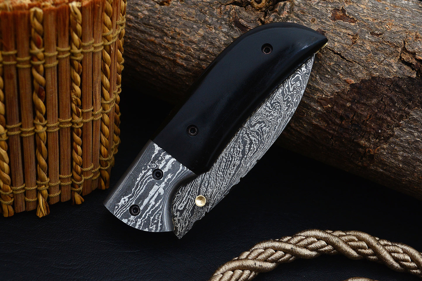 Damascus Steel Folding Camp Pocket Knife with Buffalo Horn Handle and Sheath