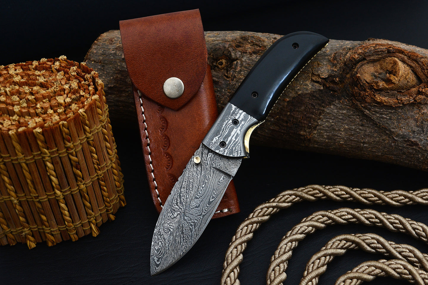 Damascus Steel Folding Camp Pocket Knife with Buffalo Horn Handle and Sheath