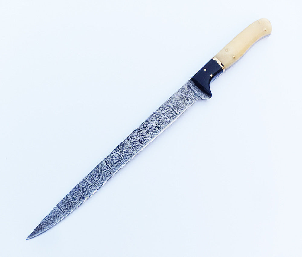 NOORAKI Handmade Damascus Steel Large Fillet Knife Hunting Fishing, Full Tang Camel Bone 13"